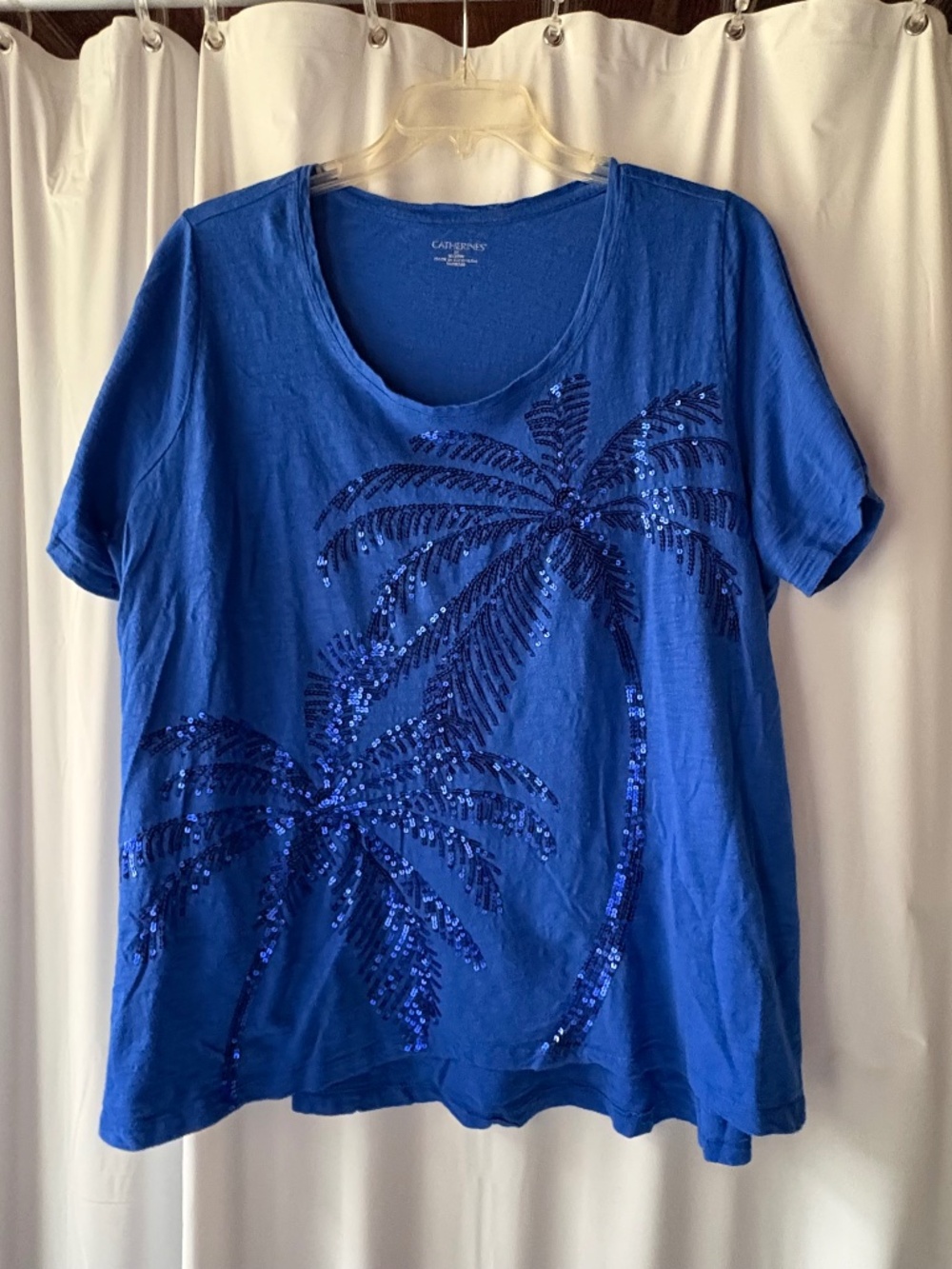 Catherines 1X Plus Blue Sequin Palm Tree Slub Knit Short Sleeve T-Shirt Graphic